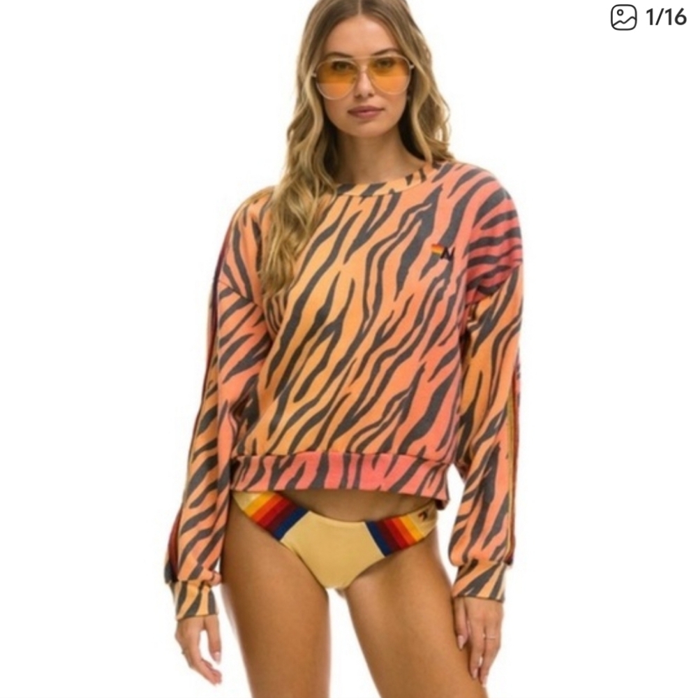 Aviator Nation Unisex Orange Tiger 5 Velvet Stripe Relaxed Fit Crew Large